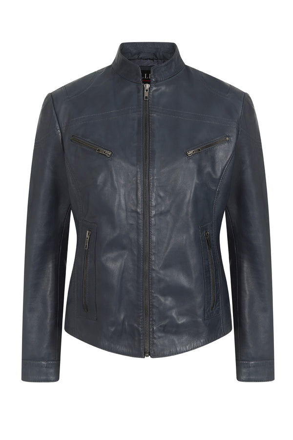 Navy blue leather biker jacket for women with collar, hip length, and inside pocket by LLD Original
